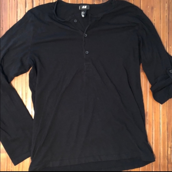 H&M Shirts Hm Mens Black Henley Long Sleeve With Adjustable Roll